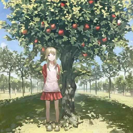 Prompt: a girl standing next to a apple tree
