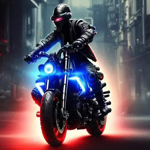 Prompt: riding big motorcycle led light in the tire, cyber punk ninja , laser sword, black blue and red , Ultra HD , hyper realistic, showing gun , laser eyes hyper realistic, ultra detailed photograph of 24 years old man , perfect shape , military mask, black mohawk hair , full body, work out body, depth of field, futuristic glasses , detailed gorgeous face and body, professional photographer, captured with DSLR camera, 64k, ultra detailed, ultra accurate detailed, bokeh lighting, surrealism, urban, ultra real life engine.