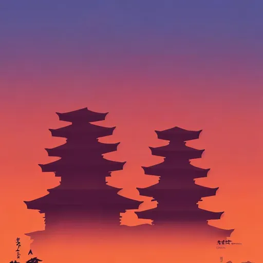 Prompt: Multiple layers of silhouette Japanese temple, with silhouette of Totoro, sharp edges, in a red sunset, with heavy fog in air, vector style, horizon silhouette Landscape wallpaper by Alena Aenami, firewatch game style, vector style background