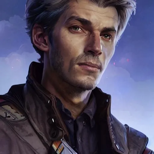 Prompt: realistic portrait of a dnd male of 20 years old, D&D, shorter gray hair, highly detailed, concept art, smooth, art by artgerm and greg rutkowski and alphonse mucha and simon stalenhag, ambient lighting, fantasy, full view, close up to face, highly detailed face, sharp face, simple clothes and hood, skinny 