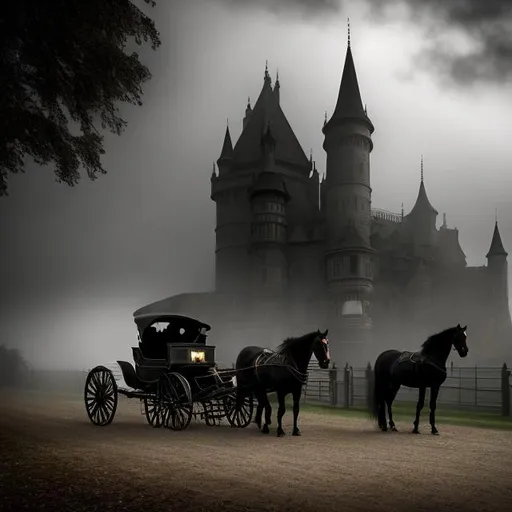 Prompt: ((Best Quality)), ((The masterpiece)), ((realistic)) ((victorian vampiric Dracula Gothic carriage)) with Mina Harper interior and  2 black horses pulling the carriage, in the fog year 1880, going to a ((Gothic Dracula Castle)), ((hightly detailed)), ((outstanding)), ((Cinematic )) ,((Gorgeus)), Realistic, HDR.