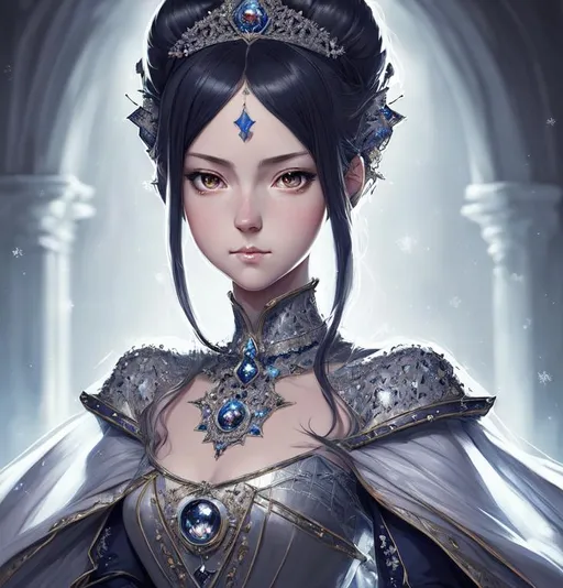 Prompt: highest quality portrait of a princess, digital painting, highly-detailed symmetric face, cinematic dark cold color palette, spotlight,perfect composition, hyperrealistic, super detailed, 8k, high quality, sharp focus,intricate details, highly detailed, dynamic lighting, detailed and intricate environment, anime artstyle by Yusuke Kozaki