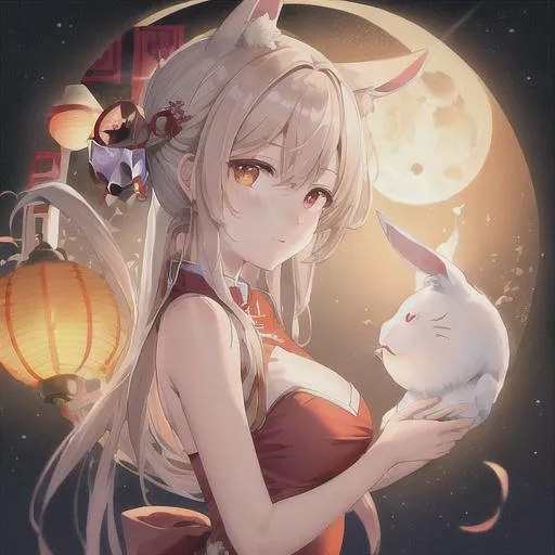 Prompt: Create an image inspired by the Mid-Autumn Festival. In the center of the image, showcase a traditional Chinese lantern radiating a brilliant, warm light. Inside the lantern, depict a luminous moon with a serene and detailed appearance. Within the moon, illustrate a charming and graceful representation of a rabbit, capturing the essence of the festival's folklore.