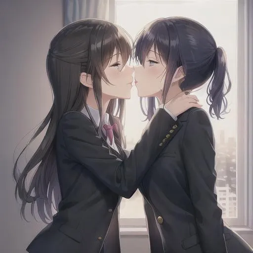 lesbians, closed eyes, two women, anime, anime girls, kissing, yuri, maid