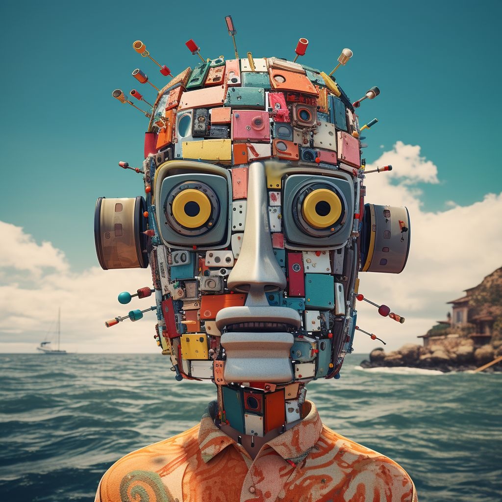 Prompt: 'sea robot' by matt mcculloch, in the style of postmodern portraiture, 4k, cubo-futurism, vintage cinematic look, colorful caricature, george christakis, vhs