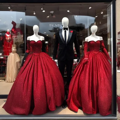 Prompt: Big sparkly red ball gowns being displayed in the windows of a store titled “Tuxedos, Ball Gowns, & Witch Ware”