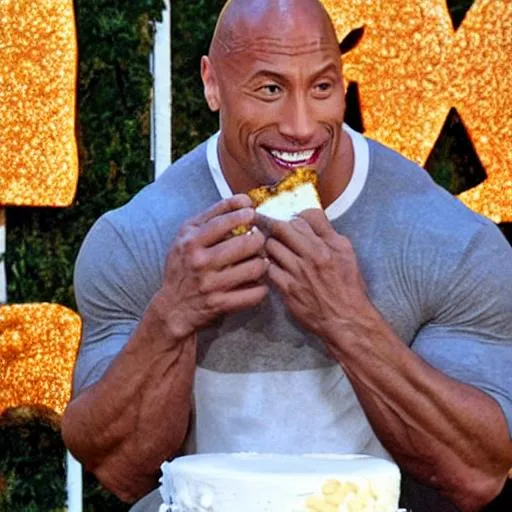 Prompt: Dwayne Johnson is sad and eating cake

