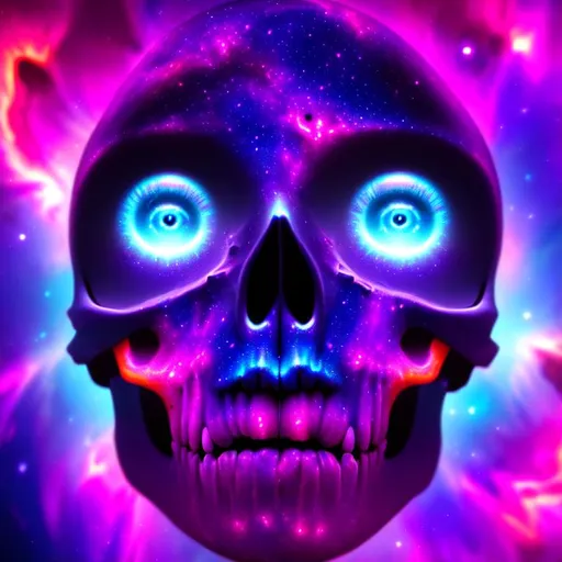 Prompt: psychedelic cinematic, Nebula, 3D HD Beautiful [{Skull}Nebula facing left liquid plasma, Beautiful big reflective eyes], expansive cosmic background, supernova, freeform dark chaos, hyper realistic, 64K --s98500