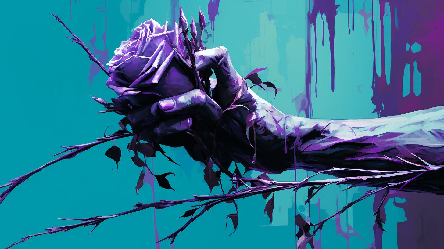 Prompt: the thorny issue of, in the style of psychological phenomena illustrations, purple and cyan, bold shadows, gesture driven, dripping paint, flattened perspective, contrasting backgrounds, rendered as a raw photo