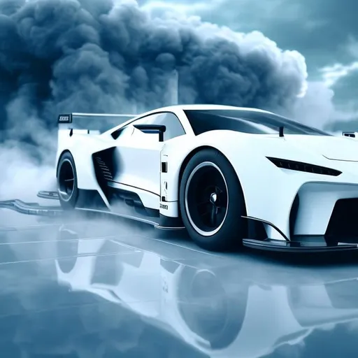Prompt: A white futuristic car drifting futuristic background white smoke  4k