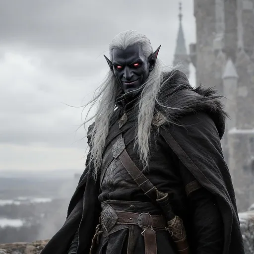 Prompt: a photorealistic image of a male elf wizard with long white hair and chromatic black skin in a long dark leather robe, he stands atop a tower with a cruel evil smirk