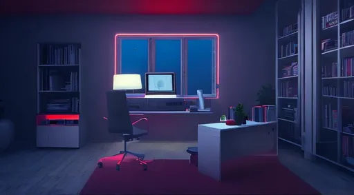 Prompt: a room facing a window, white desk with pc on it, book shelf on the left, red led glowing from the ceiling and the wall, realistic, 8k, enhance color