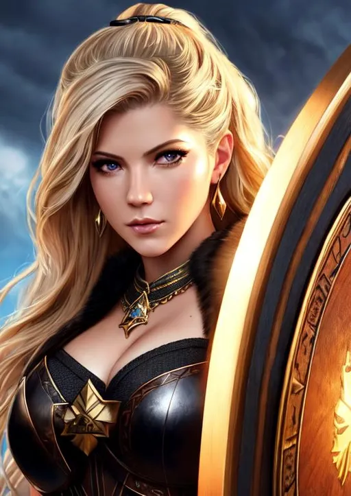 Prompt: ((Katheryn Winnick as lagatha)), hyper realistic, detailed eyes, high quality face and eyes, holding wooden shield, leather armor with black fur on neck, artstation, low angle, 8k, best quality, beams of light coming down from clouded sky, ray tracing