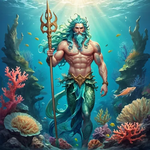 Prompt: Full body, Fantasy illustration of the male god of the sea, muscular, celestial, greenish skin-color, fishtail, flowing blue hair, content expression, holding a trident, corals, fish and sealife, majestic pose, in a Beautiful underwater landscape, vibrant colors