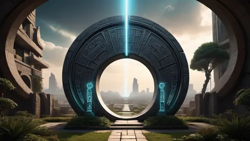 Prompt: magical portal between cities realms worlds kingdoms, circular portal, ring standing on edge, upright ring, freestanding ring, hieroglyphs on ring, complete ring, ancient babylonian architecture, gardens, turned sideways view, futuristic cyberpunk tech-noir setting