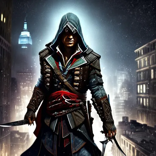 Prompt: A realistic assassin from assassin's creed assassinating somebody with the hidden knife on a rooftop in NYC at night