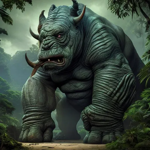 Prompt: dense jungle, rancor, horns, rhino, demon, huge, massive