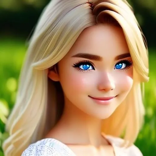 Prompt: Young anime farmer girl with blonde hair and blue eyes(perfect body) realistic face