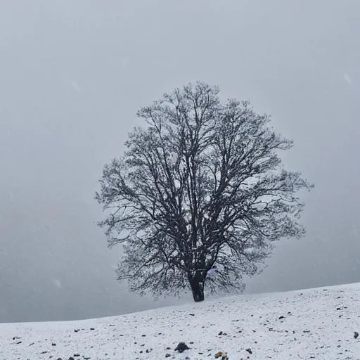 Prompt: A single tree on the hill snowing
