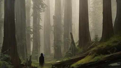 Prompt: fantasy concept art by greg rutkowski, hooded figure in the  foreground looks out over a dense redwood rain forest, endor, rock outcroppings,  gestural oil painting style, cinematographic morning light, artstation hq, 