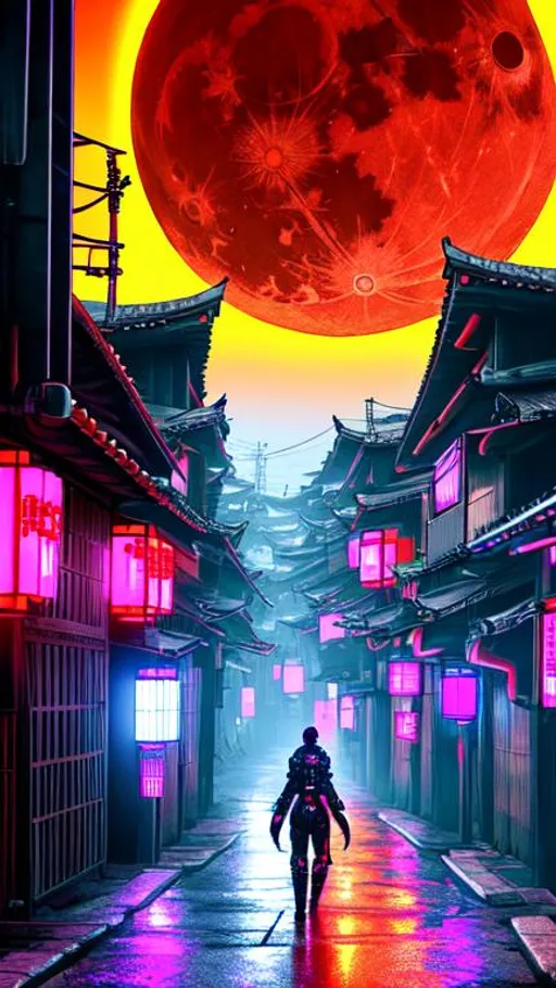 Prompt: Cyberpunk era. Dystopian, futuristic, supernatural, horror, dark fantasy. Japanese villages in the background. Blood moon while using the colors orange, yellow, blue, purple, turqoise, black, white and grey to decorate. 