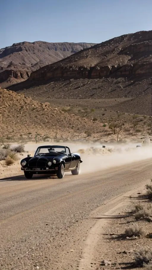 Prompt: Black classic sport car , in the desert road with a little bit dust 