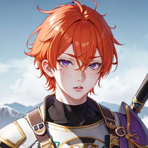 Prompt: Erikku male adult (short ginger hair, freckles, right eye blue left eye purple) UHD, 8K, Highly detailed, insane detail, best quality, high quality,  anime style