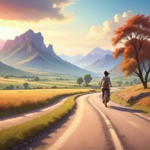 Prompt: A (beautiful journey), winding road through a picturesque landscape, vibrant colors reflecting serene nature, sunlit sky gently illuminating each element, captures a peaceful atmosphere, high-definition details portraying lush greenery, majestic mountains in the backdrop, inviting destination in the distance, a feeling of hope and adventure, (4K), cinematic composition of exploration and tranquility.