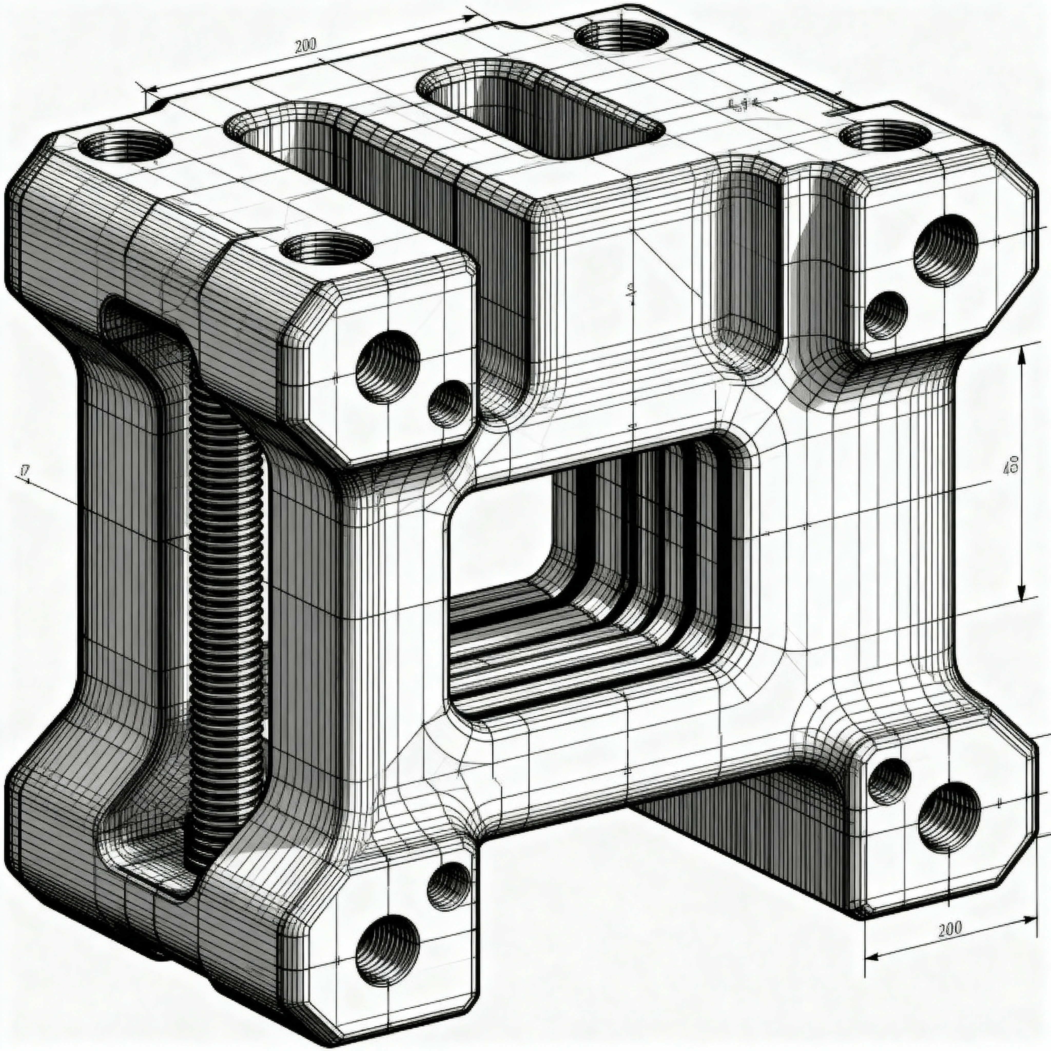 A CAD drawing of a complex machine part.