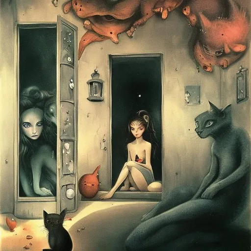 Prompt: a picture of a mystical girl sitting inside her safe space with 2 cats, feeling lonely and depth condolences, trying to fight the world with the view of the fast-paced town in a warm tone with a leonor fini style