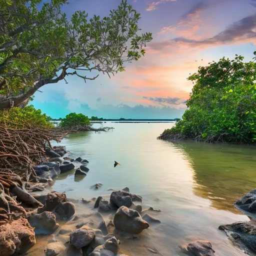 Prompt: Dawn over a lush mangrove shoreline with rocks, sand, corals, birds, fishes, crabs, and wildlife in pastel