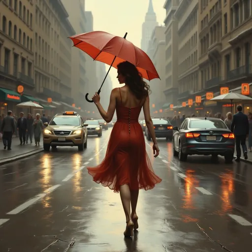 Prompt: a woman in a dress holding a  umbrella walking in the rain on a city street with cars, Art Frahm, american scene painting, kinkade, an art deco painting