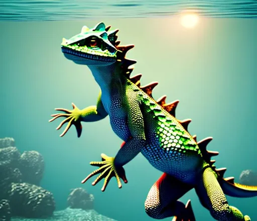 Prompt: Anthro furry lizard swimming underwater