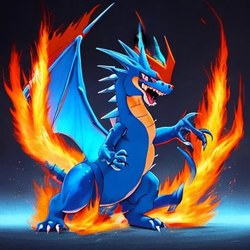 Prompt: Charizard blue, Pokémon, evolved, powerful, fire tornado, burning tail, dragon, roaring, burning forest