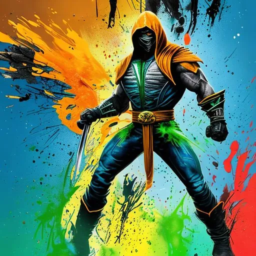 Prompt: mortal combat character with spray paint gun and brush colour the world with impact green, dark blue, yellow, orange splash

