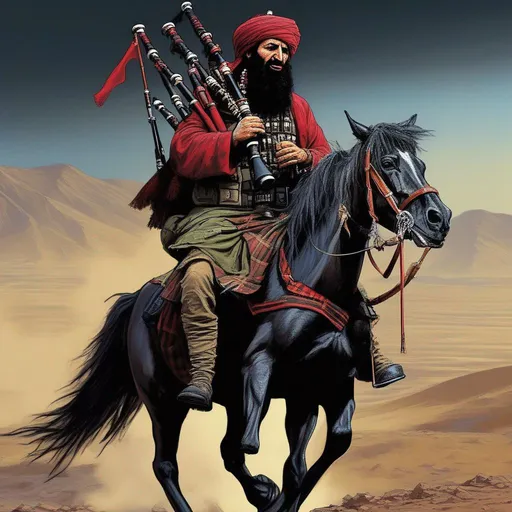 Prompt: "osama bin laden " "dinamic angry bagpiper mounted on black horse" "leads taliban troops" "visible troops" "visivle bagpipe" cyberpunk