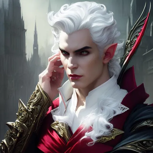 Prompt: Splash art of male vampire, elf, 35 years old, youthful, handsome, white haired man, with short wavy white hair, {WHITE eyebrows}, red eyes, suave, victorian dark clothes, purple clothes, elegant, highly detailed, intricate, smooth, sharp focus, artstation, digital painting, concept art, art by greg rutkowski, alphonse mucha and John William Waterhouse