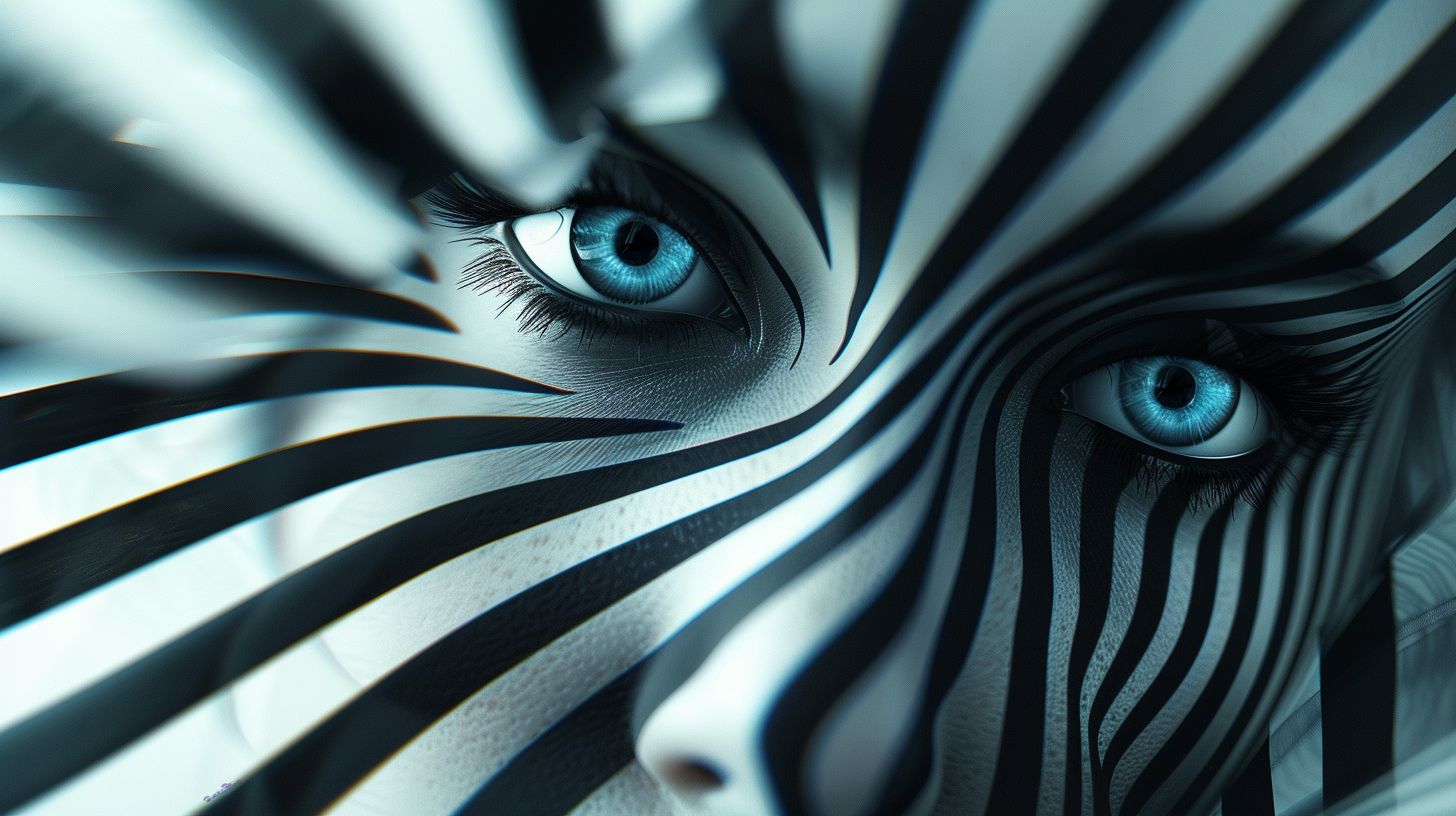 Prompt: a woman with blue eyes and black and white stripes on her face and behind her is a mirror with a black and white strip, Android Jones, gothic art, behance hd, an ambient occlusion render