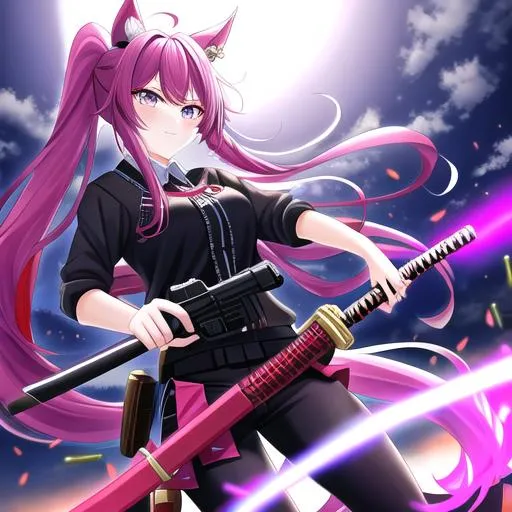 Prompt: Haley  as a demon (multi-color hair) (multi-color eyes)(she has horse ears) holding a katana, fighting, in a gun fight, bullets flying, rural area