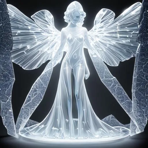 Prompt: a smooth transparent clear crystal sculpture of a beautiful angel posing appears to be wrapped around with smooth streaks of random lightning bolt in total darkness by Christian W. Staudinger, featured on cg society, perfect composition, black background, darkness, holography, backlight, transparent crystal, chiaroscuro, bioluminescence, opalescent, iridescent, x-ray hologram | 3d octane render | octane lighting | dream fantasy | centered | octane render artstation trending 8k ultra-detailed  | sharp focus golden ratio | Disney Pixar Dreamworks 