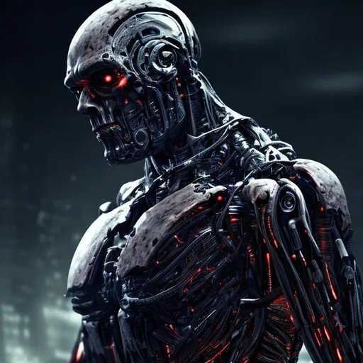 Prompt: ALMOST HUMAN flesh cyborg dark theme robotic background dark world fullbody 2 forms