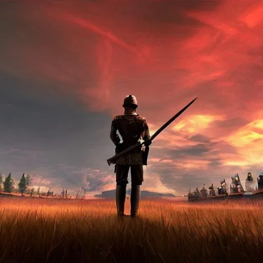 Prompt: man stand in front of the sword army and hold a pen in his hand , red sky , realestic , reality , unreal engine , 