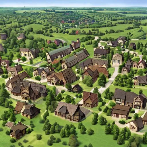 Prompt: A 21 century village with medieval buildings surrounded by trees and shrubs. Next to the village is a cornfield. photorealistic