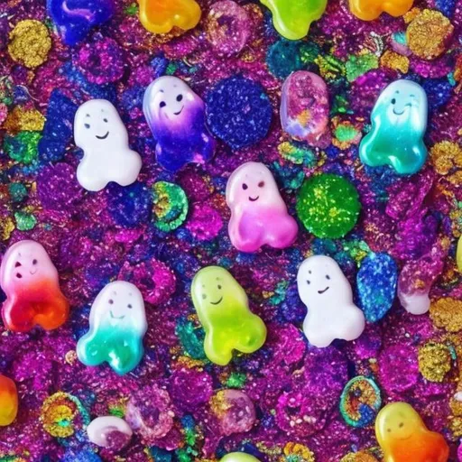 Prompt: Miniature Sequins and ghosts in the style of Lisa frank