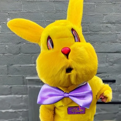 Prompt: Yellow rabbit costume with a purple bow tie 