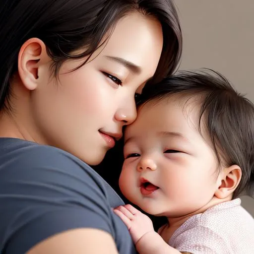 Prompt: Face to face, Child and baby, Laying down in child arms, smiling child, Newborn baby, perfect skin, shiny eyes, tiny eyes, eyes open, corean baby, cute, beautiful, 4K, 16K, highly realistic, extremely detailed, photo realistic, photo quality, full boddy,