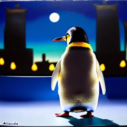 Prompt: Oil painting of a penguin from the back. In front of the penguin is a neon city scape. The photo is at night. Smooth lighting 