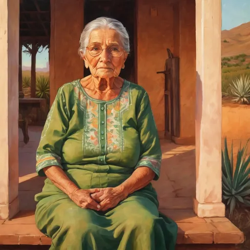 Prompt: Old woman in a green dress sitting on porch, agave field sunset view, traditional painting, warm and vibrant colors, detailed wrinkles and serene expression, high quality, traditional art style, warm tones, soft sunset lighting, nostalgic atmosphere