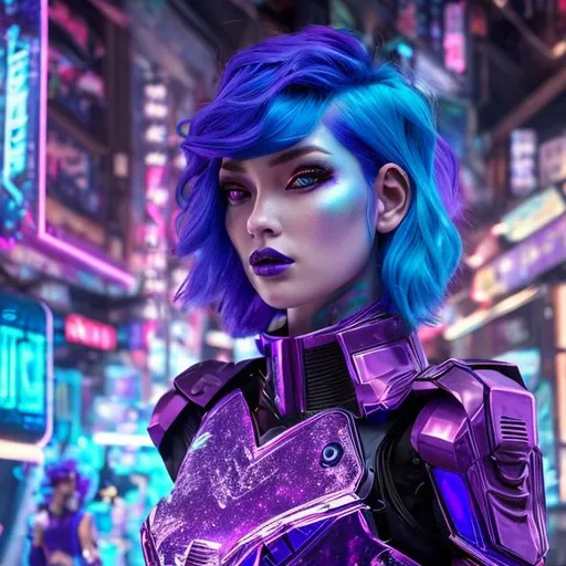 Prompt: A woman with short bright electric blue hair. She has bright purple siren-style eyes and high cheekbones. She has full, burgundy lips. He wears a Cuberpunk armor with transparent tones of purple shimmer. purple and blue tones are dominant in the background. In the back are human figures, some shops and hologram advertising signs. High quality high details 8k