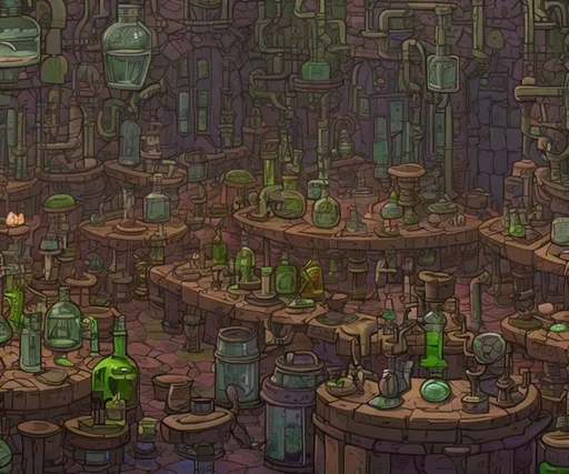 Prompt: zoomed out view of a villain's laboratory lit by a few wall sconces with tables filled with glass flasks and beakers
